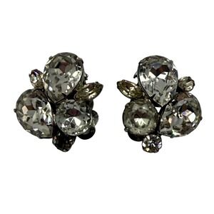 Vintage Signed Alexis Kirk Crystal Cluster Clip Earrings Sparkling Statement 80s